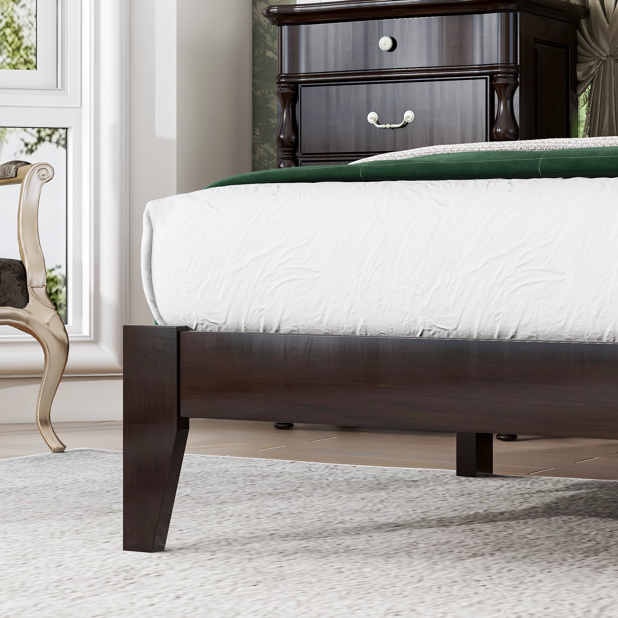 Miniyam Wood Queen Size Bed with with Rattan Headboard for Adult, Espresso