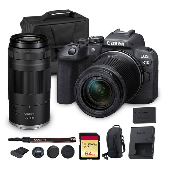 Canon EOS R10 Mirrorless Camera Kit | 24.2MP APS-C Sensor with RF-S 18-150mm Lens | 4K Video Dual Pixel AF Compact Travel Photography (5331C016)   Canon RF 75-300mm Lens   64GB Card   Bag