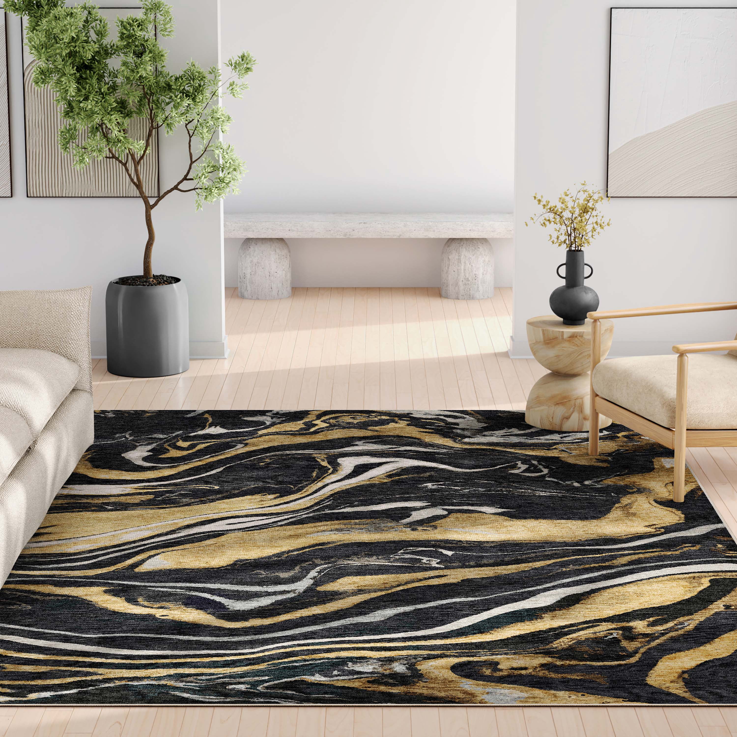 Well Woven Abstract Dunes Modern Retro Marble Flat-Weave Black Gold 5'3" x 7'3" Area Rug