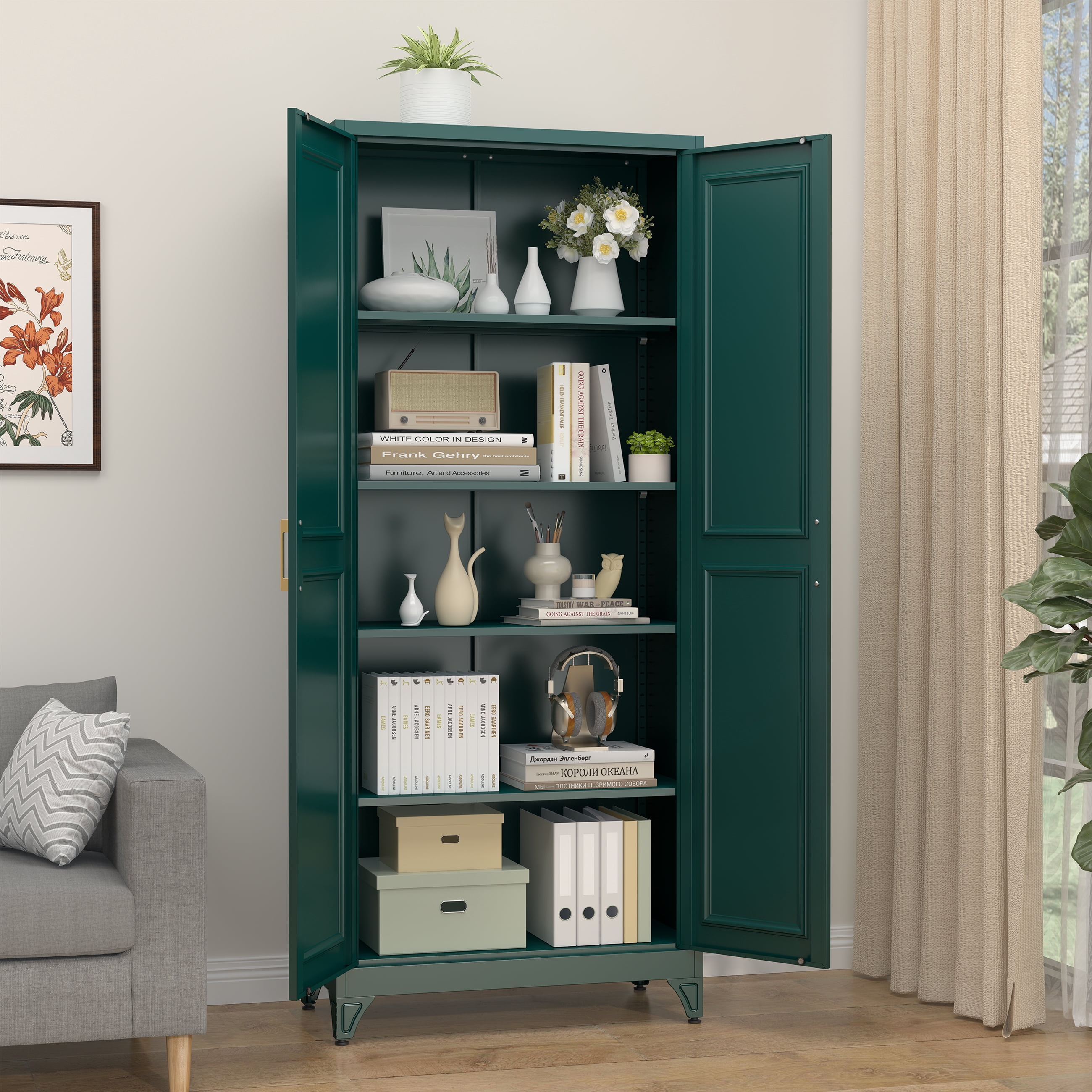 Polup 75" H Metal Modern Kitchen Storage Cabinet with 4 Adjustable Shelves Green