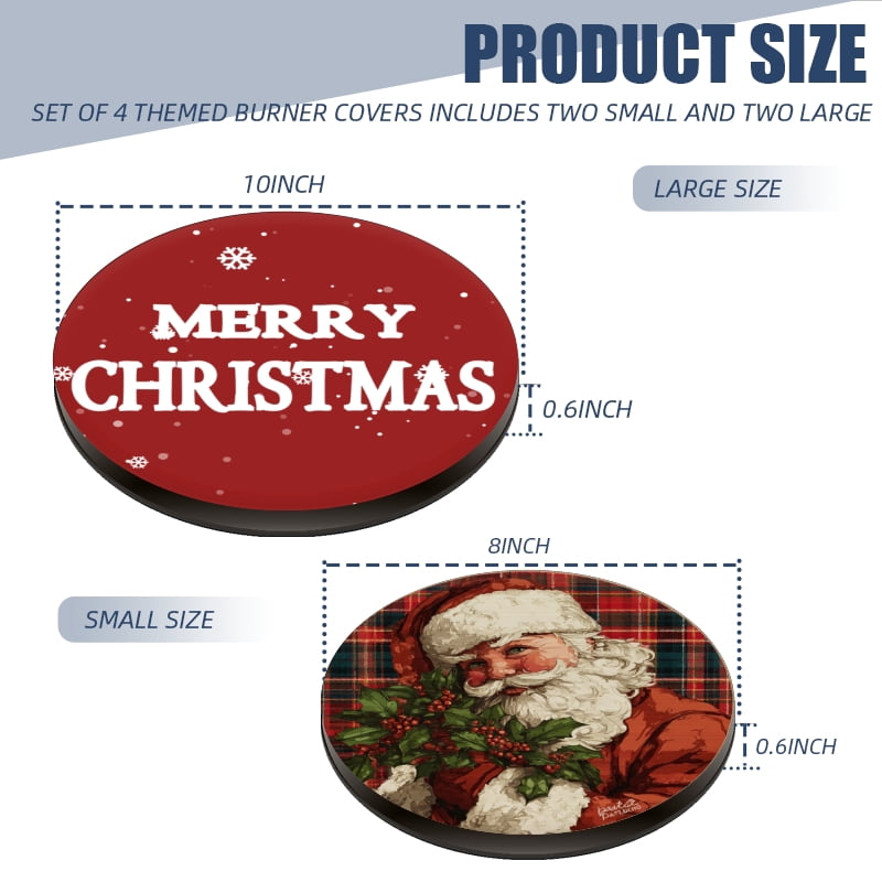 Christmas Electric Stove Burner Covers for Electric Stove, Red Merry Christmas Santa and Snowman Round Decorative Metal Gas Stovetop Covers Set of 4 for Kitchen, 8 Inches and 10 Inches