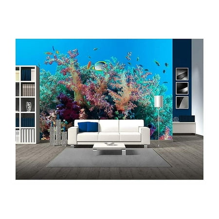 wall26 - Colorful Underwater Offshore Rocky Reef with Coral and sponges and Small Tropical Fish Swimming by in a Blue Ocean - Removable Wall Mural | Self-Adhesive Large Wallpaper - 100x144