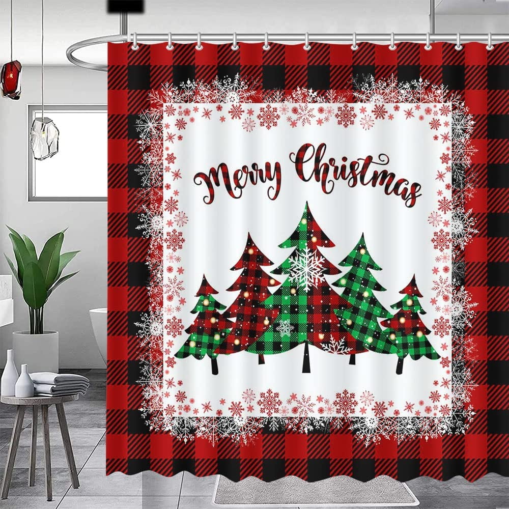 Newhomestyle Christmas Shower Curtain Christmas Tree Shower Curtain Red Buffalo Plaid Xmas