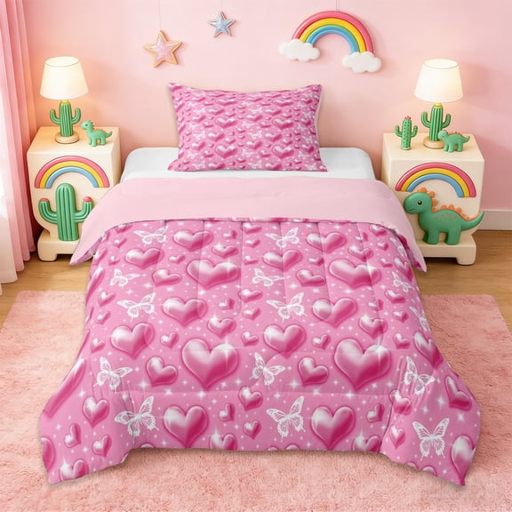 Erosebridal 3D Loves Pattern Twin Comforter Sets,Cartoon Butterflies Silhouette Bedding Set For Girls Teens, Reversible 2 Pieces