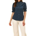 thumbnail image 1 of Blusa de cuello alto con botones y volantes para mujer INSPIRE CHIC, de manga corta, talla XS, color azul oscuro, 1 of 7