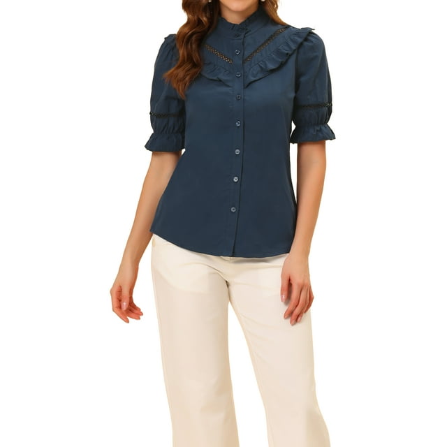 Blusa de cuello alto con botones y volantes para mujer INSPIRE CHIC, de manga corta, talla XS, color azul oscuro