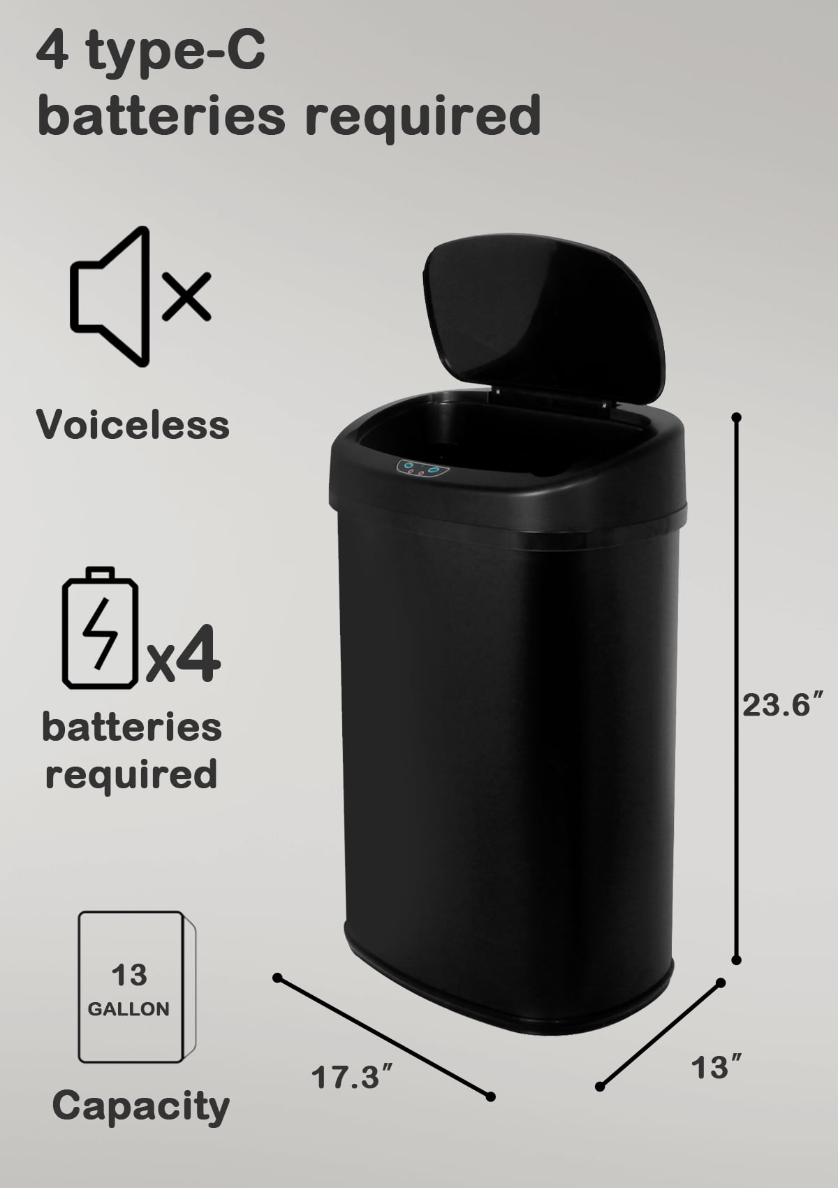 CL.HPAHKL 13 Gallon Kitchen Garbage Can Automatic Trash Can 13 Gallon Stainless Steel Trash Can Touch Free Bathroom Trash Can with Lid for Bathroom, Kitchen, Office, Black