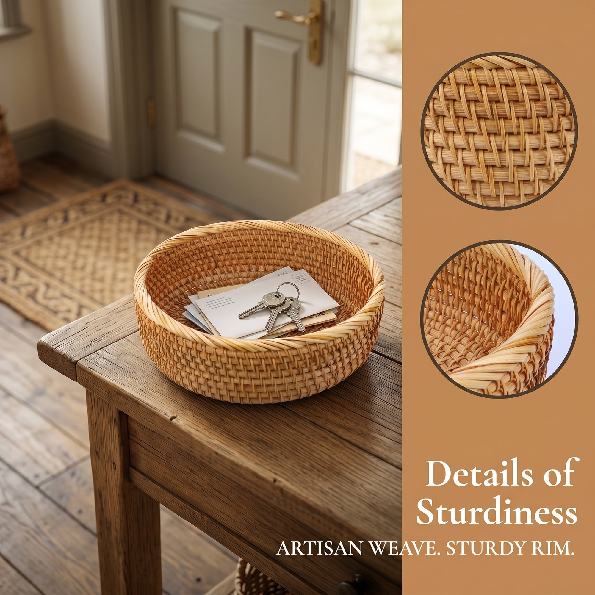Unique Bargains Handmade Rattan Bowl Round Woven Basket Bamboo Brown 9.4*9.4*3.1inch