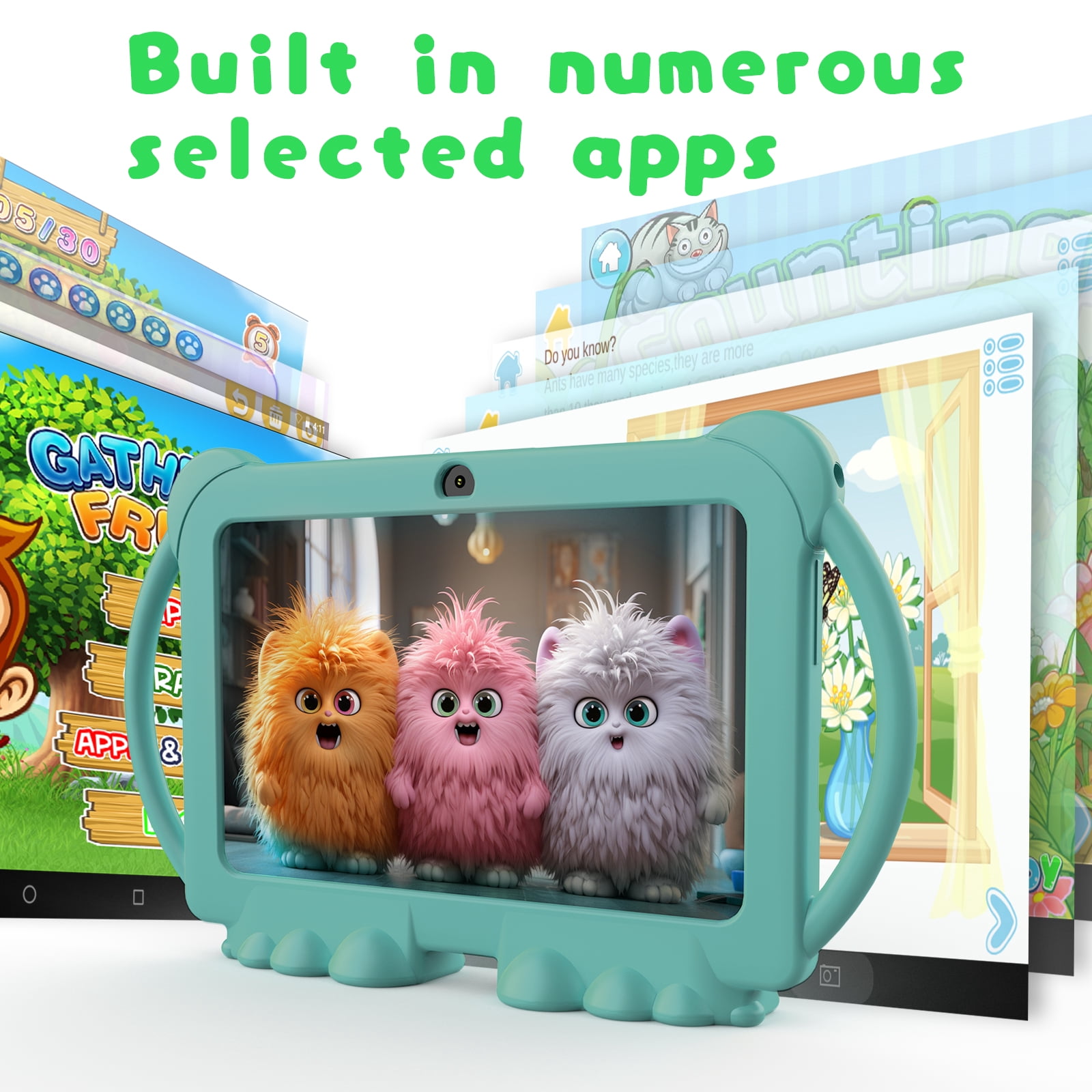 Kids Tablet, 7 inch Android Tablet for Kids, 4GB RAM 32GB ROM 1024GB Expand, Toddler Tablet with Parental Control, IPS Screen, Dual Camera, Educational, Games, Shockproof Case for Boys/Girls, Green
