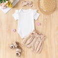 thumbnail image 2 of Hpapadks Baby Girl Outfits Summer Ribbed Short Sleeve Solid Romper Flowers Print Shorts Headband Baby Girl Clothes Brown 3-6 Months, 2 of 6