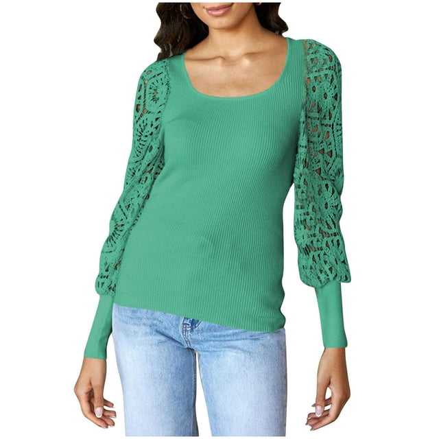 FAIWAD Womens Tops Lace Square Neck Patchwork Lantern Long Sleeve Tops Solid Color Ribbed Casual Loose Tops