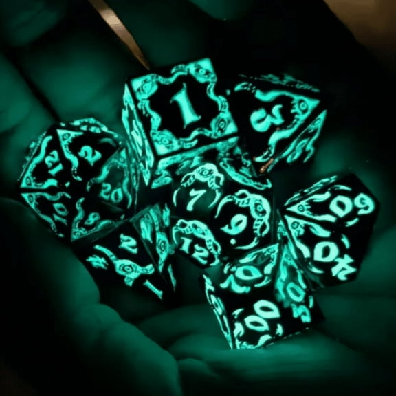 Elder Eye | Glow in the Dark Metal DnD Dice Set | Dungeons and Dragons | 7 Dice RPG Polyhedral Set d20