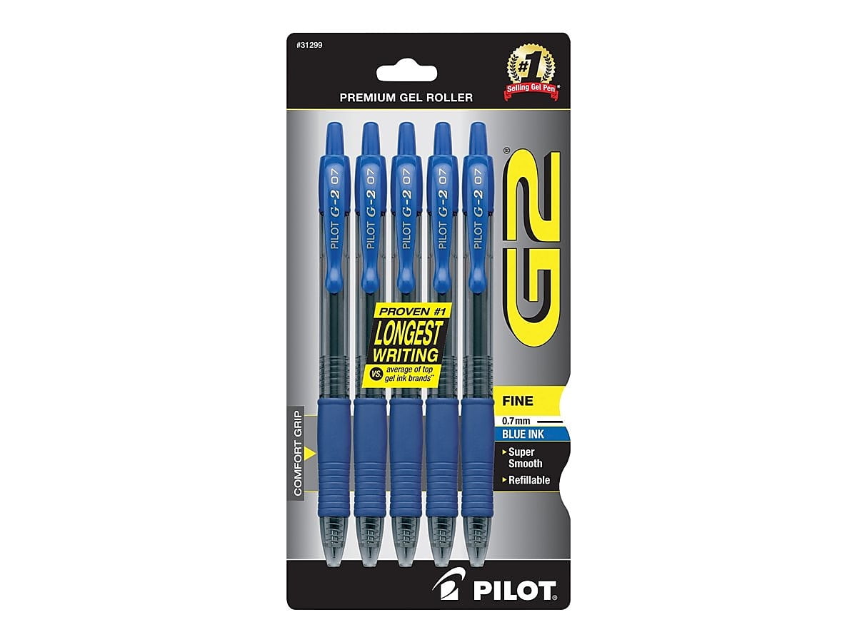 Pilot G2 Fine Gel Ink Rolling Ball Pen 5pk Retractable 0.7 mm 07 Blue Black 