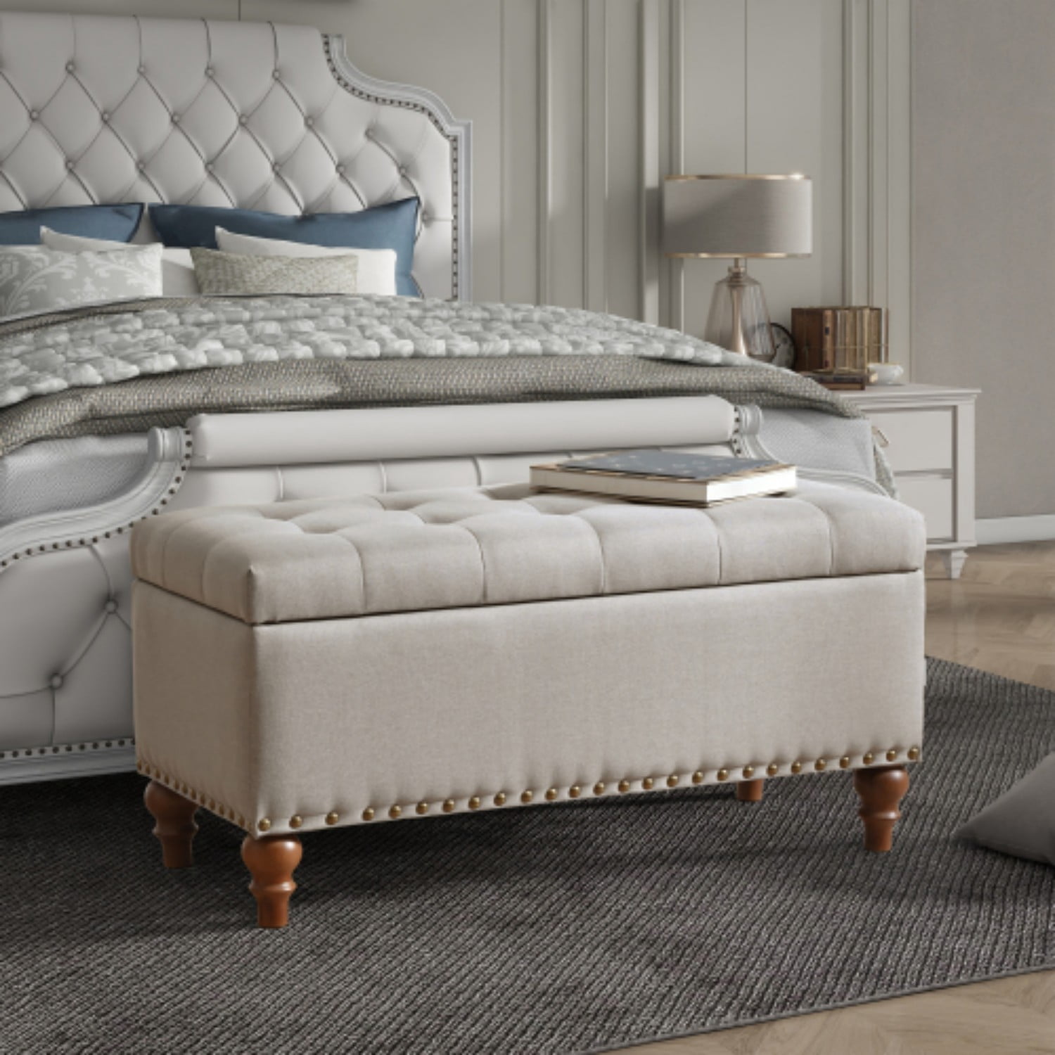 Storage Ottoman Bench with Hinged Lid, Linen Upholstered Footrest with Hidden Storage, Bedroom Entryway Living Room Bench, Beige
