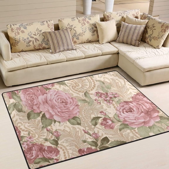 FREEAM Rose Flower Floral Print Vintage Area Rug Mat for Living Dining Dorm Room Bedroom Home Decorative 7' x 5'