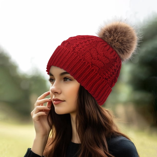Toptie Womens Winter Fleece Lined Cable Knit Hat Faux Fur 