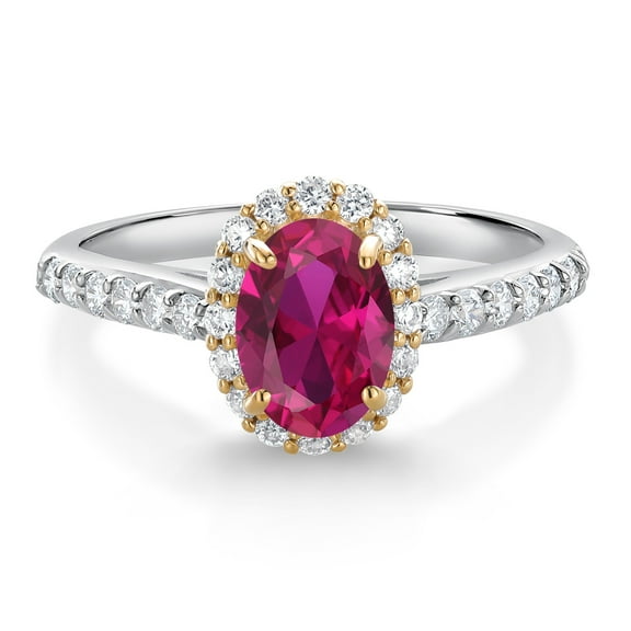 Gem Stone King 10K White Gold Red Created Ruby White White Lab Grown Diamond Halo Engagement Ring for Women (1.16 Cttw, Oval 7X5MM, Gemstone July Birthstone, Size 7)