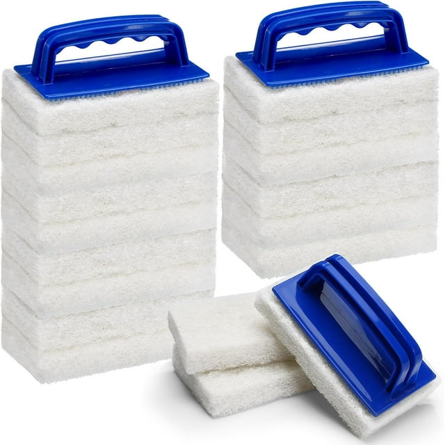 Ensemble de 18 Tampons à Récurer pour Bain avec Poignée, 15 Tampons à Récurer pour Salle de Bain, 3 Tampons à Récurer pour Baignoire avec Poignée, Enlève les Résidus de Savon Non Abrasifs pour Nettoyer l'Évier, la Douche, les Carreaux, la Piscine, les Marches et les Coins (Bleu et Blanc)