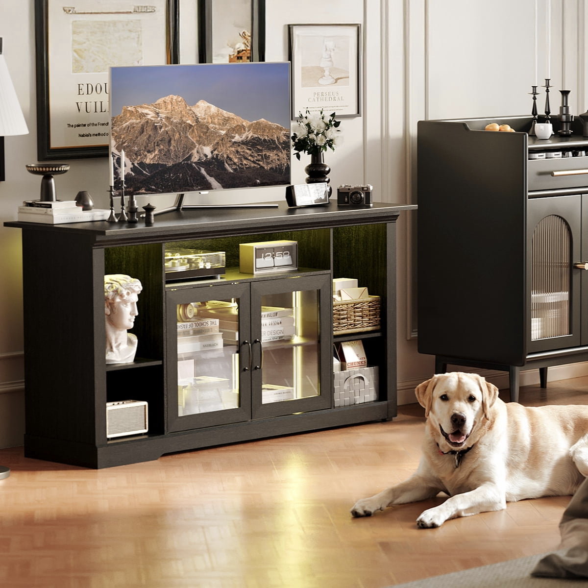 Innovar Modern TV Stand with LED Lights for 65 inch TV, Black Tall TV Cabinets with Storage & Adjustable Shelves, Entertainment Center with Glass Doors for Living Room and Bedroom