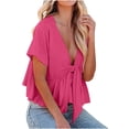 thumbnail image 3 of Ahuyic Womens Plus Size Top,Womens Summer Blouse,Womens Lightweight Solid Crop Blouse - Short-Sleeve Tie-Front Ruffle Hem Top for Breathable Summer Wear Hot Pink M, 3 of 5