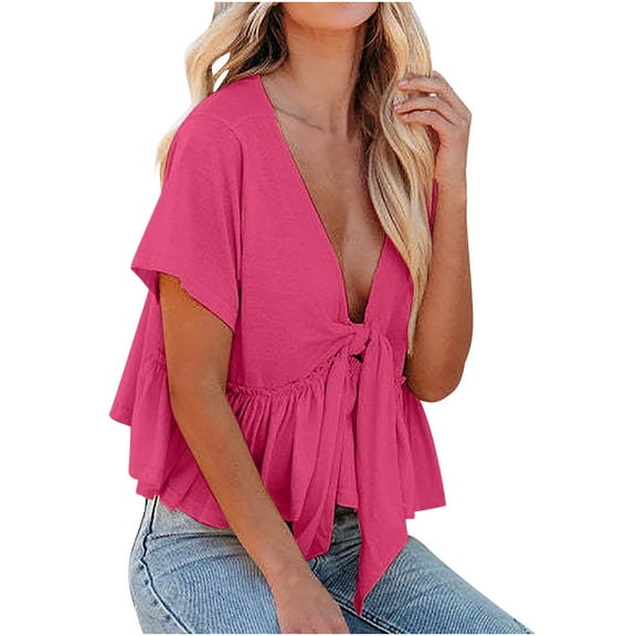 GigrtiJin Women's Short Sleeves V Neck Blouses Ruffle Hem Tie Front Crop Tops Lightweight Basic Summer Shirts