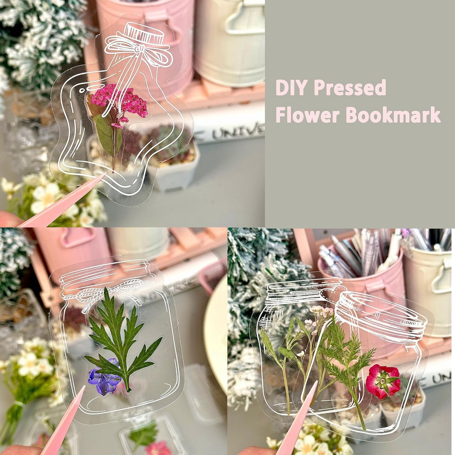 Transparent Dried Flower Bookmarks – 2026 Upgraded DIY Bookmark Making Kit with Clear Jars, Stickers & Page Clips