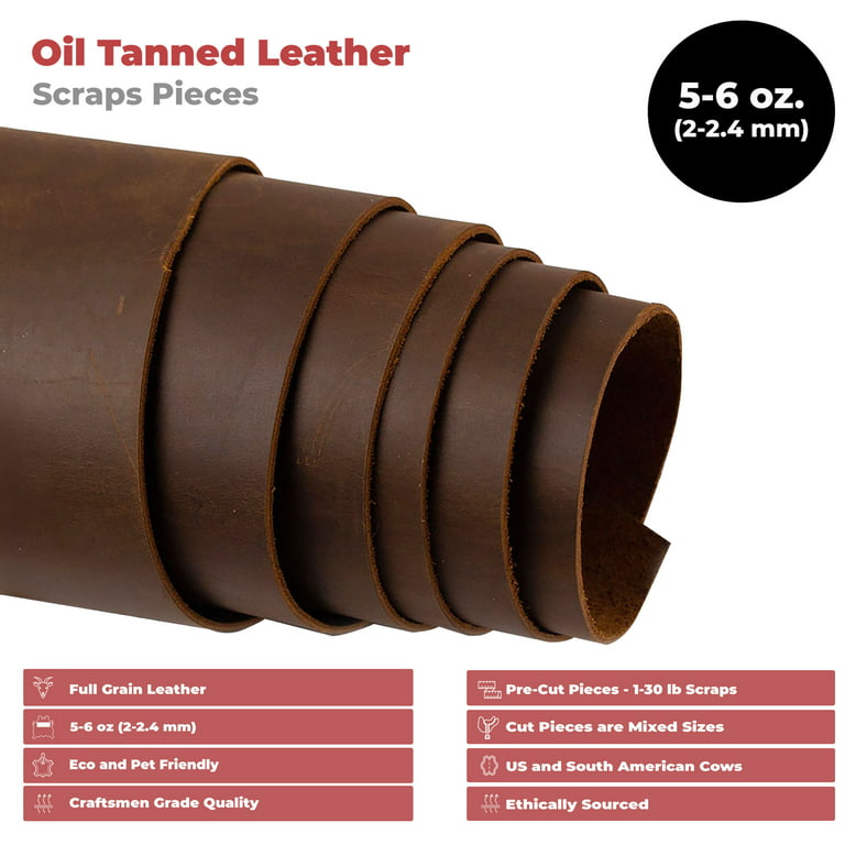 European Leather Work 5-6 oz. (2-2.4mm) Thickness Oil Tanned Scraps Size:  10 LB - Bourbon Brown Cowhide Full Grain Leather for Accessories, Jewelry