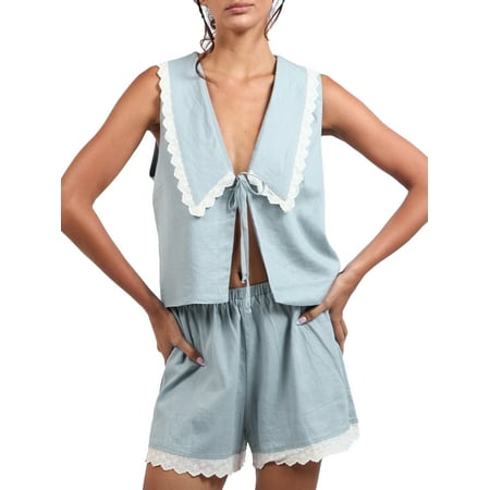 Niusricy Women Summer 2Pcs Babydoll Shorts Outfits Teen Girls Lace Trim Tie Front Vests Sleeveless Tank Tops Doll V-neck Waistcoats Elastic Waist Shors Streetwear for Beachwear Holiday Party