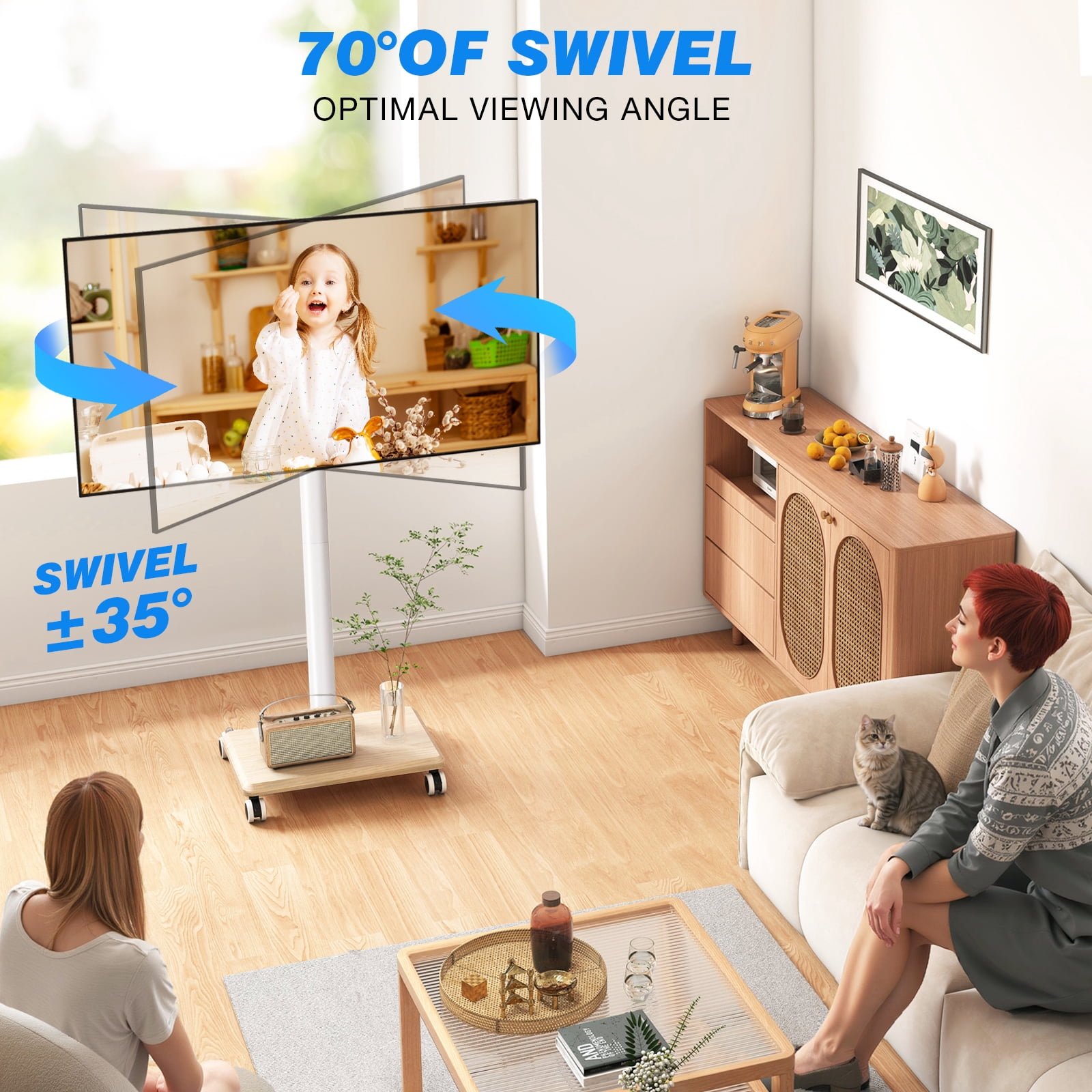 Universal Rolling TV Stand with Swivel Tilt, TV Mount Stand for 32-60 Inch Screens, Corner TV Stand with Height Adjustable Entertainment Wall Shelves