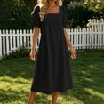 thumbnail image 4 of Ytndtr Women's Square Neck Puff Sleeve Linen Blend Midi Dress Casual Solid Color Shift Dress with Pockets, 4 of 6