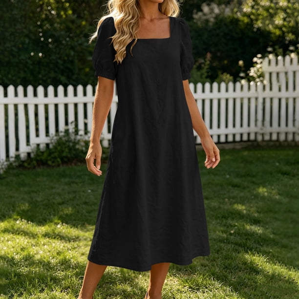 black square neck puff sleeve dress Sevevn Women's Midi Linen-Look Casual Dress with Pockets 2XL new in this week