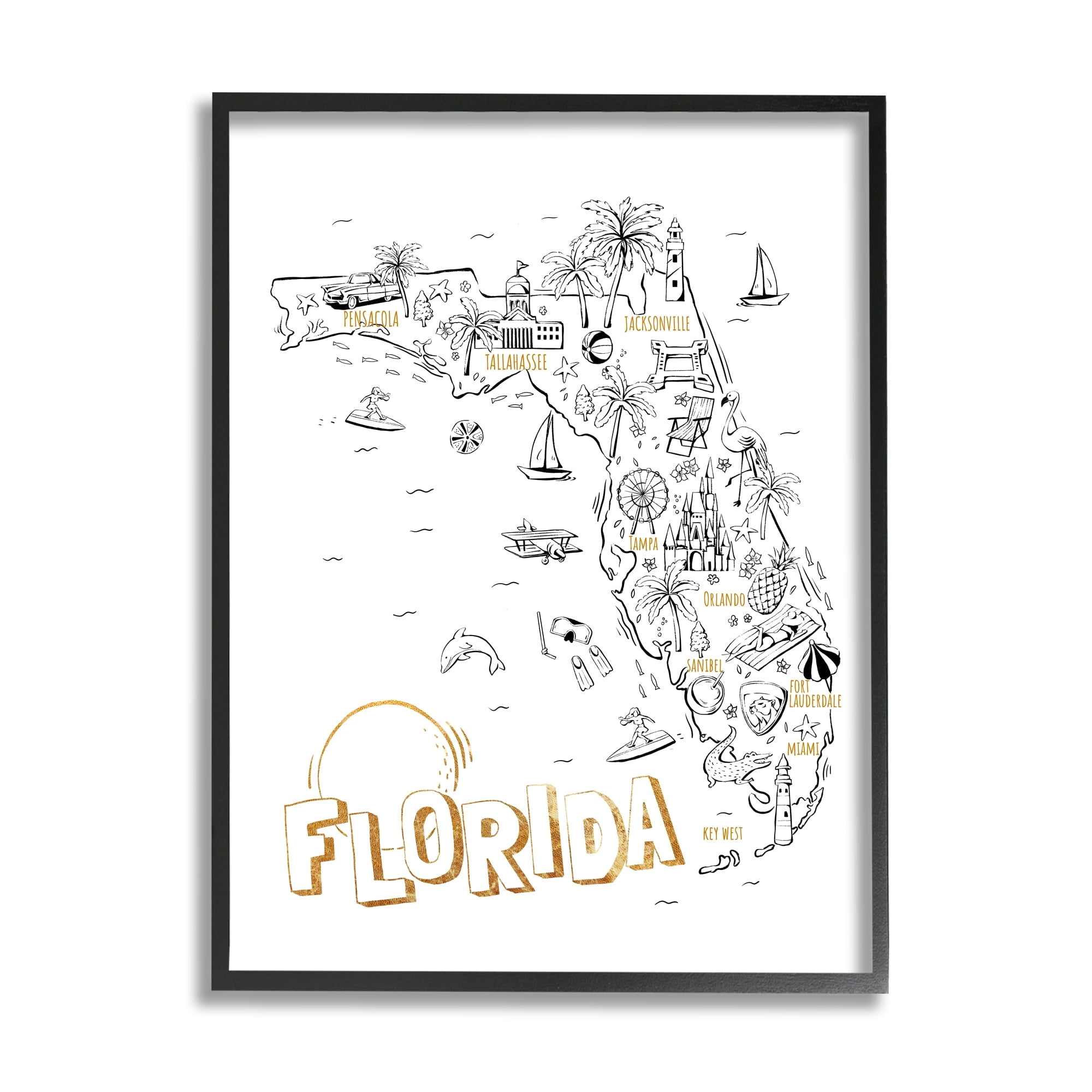 Stupell Industries Florida State Drawing Destinations Map Diagram , 16 x 20, Design by Ziwei Li