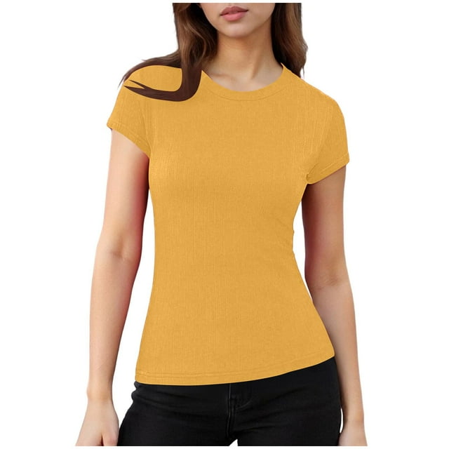 Women's Ribbed Knit Crewneck Tee, Short Sleeve Slim Fit Stretch Solid Color Summer Top,Yellow,S