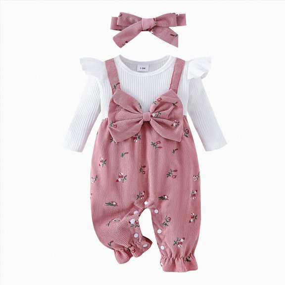 Linfrsh Newborn Baby Girl Clothes Ruffle Sleeve Jumpsuit Corduroy Floral Romper Headband Cute Fall Winter One Piece Outfit, 1-3 Months