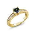 thumbnail image 2 of Gem Stone King 18K Yellow Gold Plated Silver Green Mystic Topaz and White Created Sapphire Women's Solitaire Ring with Accent Stones (0.70 Cttw, Round Shape 5MM, Size 6), 2 of 4