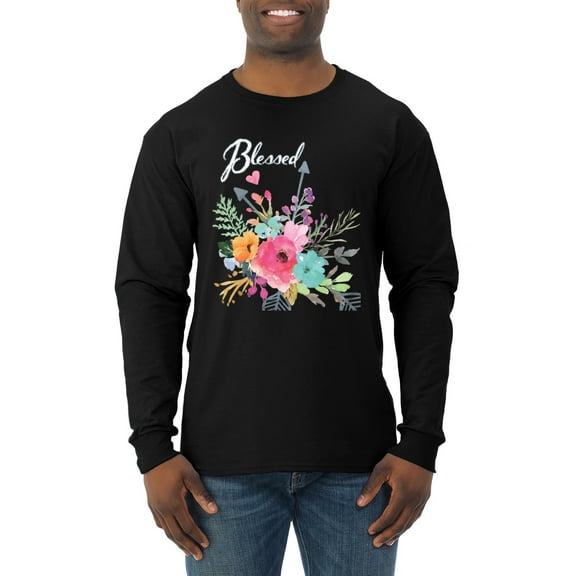 Wild Bobby, Cute Hearts and Flowers Blessed, Inspirational/Christian, Men Long Sleeve Shirt, Black, Small
