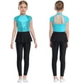 thumbnail image 7 of iiniim Kids Girls Dance Unitards Sleeveless Cutout Mock Neck Rhinestones Sequins Jumpsuit Acrobatics Costume Blue Green 6, 7 of 7