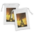 thumbnail image 1 of Eiffel Tower Fabric Pouch Set of 2, Paris Love City Monument in Dramatic Sunrise Picture of French Landmark, Small Drawstring Bag for Toiletries Masks and Favors, 9" x 6", Yellow Brown, by Ambesonne, 1 of 2
