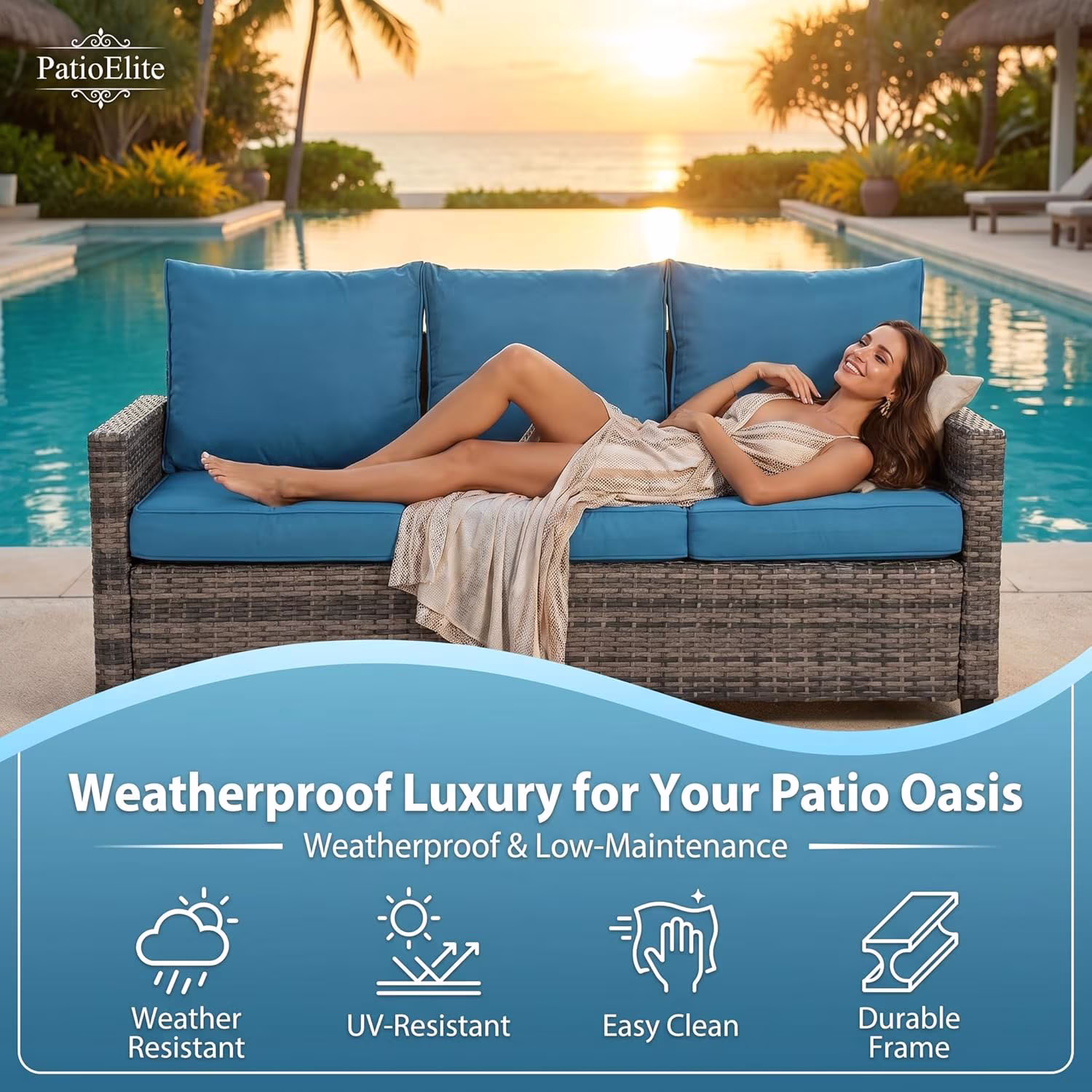 thumbnail image 6 of LAUSAINT HOME 3 Pieces Outdoor Patio Furniture, Outdoor Sectional Sofa Patio Furniture Sets Wicker Rattan Patio Conversation Sets with Cushion and Glass Table, Peacock Blue, 6 of 9