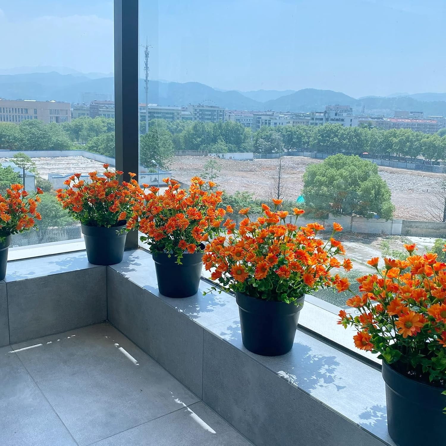 8 Bundles Artificial Flowers for Outdoors Faux Mums UV Resistant Plastic Fall Plants Fake Greenery Orange Daisy Bulk