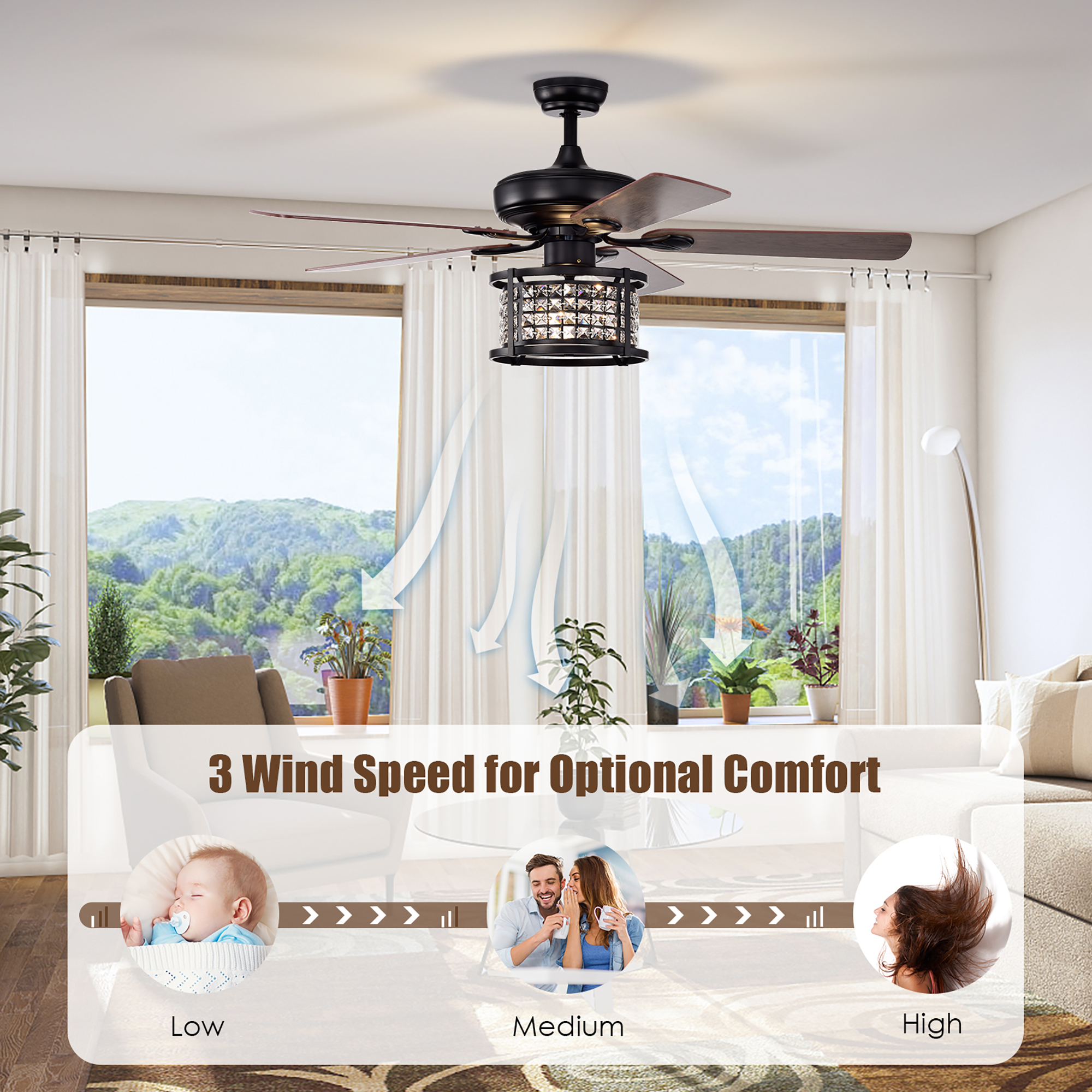 Costway 52'' Ceiling Fan with Light Reversible Crystal Ceiling Fan Lamp W/Remote Control