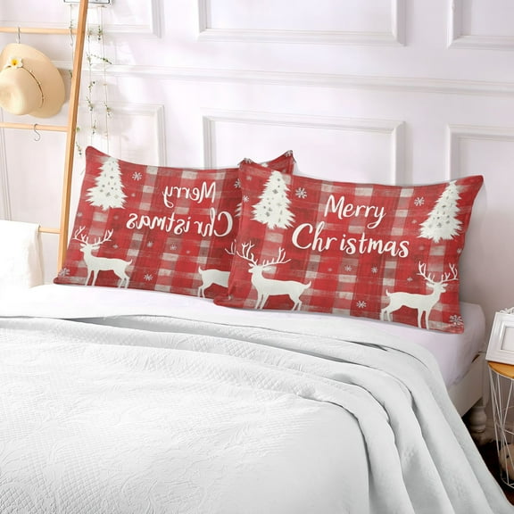 Pillow Case Plush Pillow Christmas Light Red Plaid Pattern with Reindeer Case standard size/King size/Queen size Bed Pillow Pillowcases