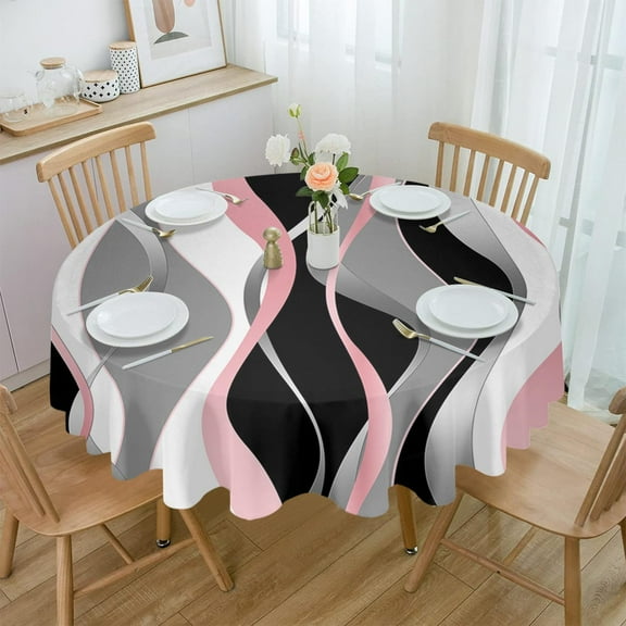 Pink Black Grey Round Tablecloth 60 Inch - Waterproof Fabric Table Cloth Protector, Modern Moire Geometric Abstract Art Tablecloths Washable Table Cover for Kitchen Banquet Party