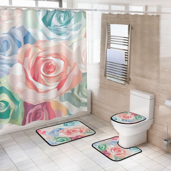 4-Piece Bathroom Set with Waterproof Shower Curtain with Non-Slip Bath Mat, U-Shaped Mat & Toilet Lid Cover Roses Pattern
