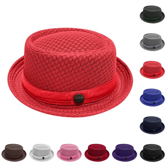 Summer Breathable Mesh Pork Pie Hat, Lightweight Straw Fedora Bowler Sun Hat for Men Women, Packable Crushable Beach Travel Hat,Red
