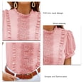 thumbnail image 5 of Women Short Sleeve Top Pleated Ruffle Front Frill Trim Neck Pure Color Stylish Women Shirt Top for Daily Party Dating Pink XL, 5 of 6