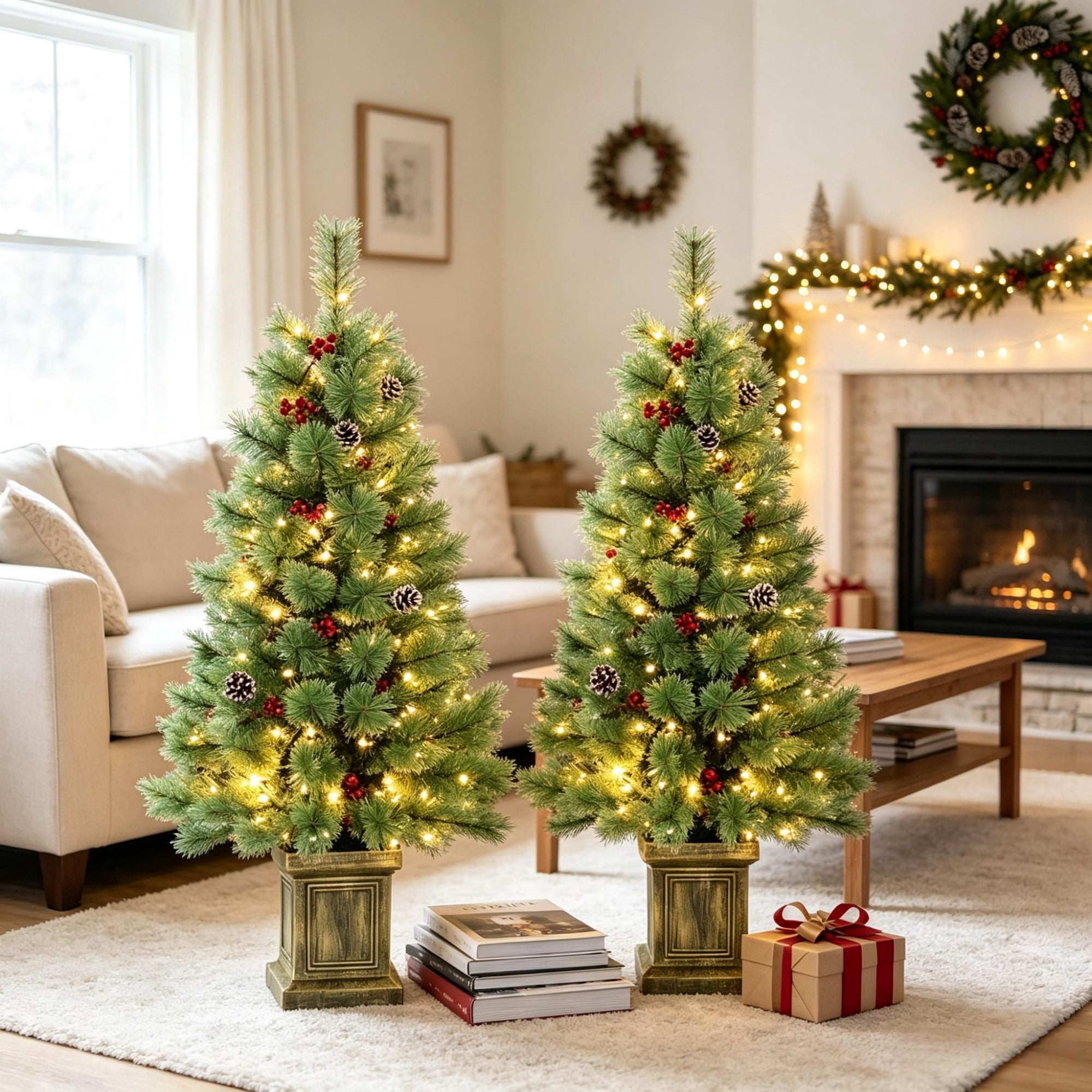Pre-Lit Artificial Christmas Tree Set, 2 Matching Potted Pine Trees with Dual-Color LED Lights and Remote, 4 ft, 95 Tips Each