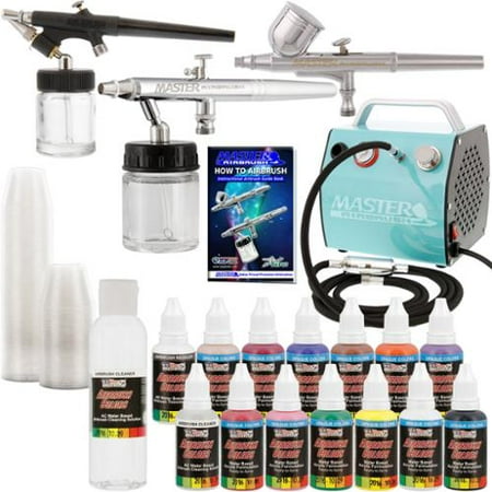 Pro Airbrush System w/ 3 Airbrushes Deluxe Air Compressor & 6 Paint