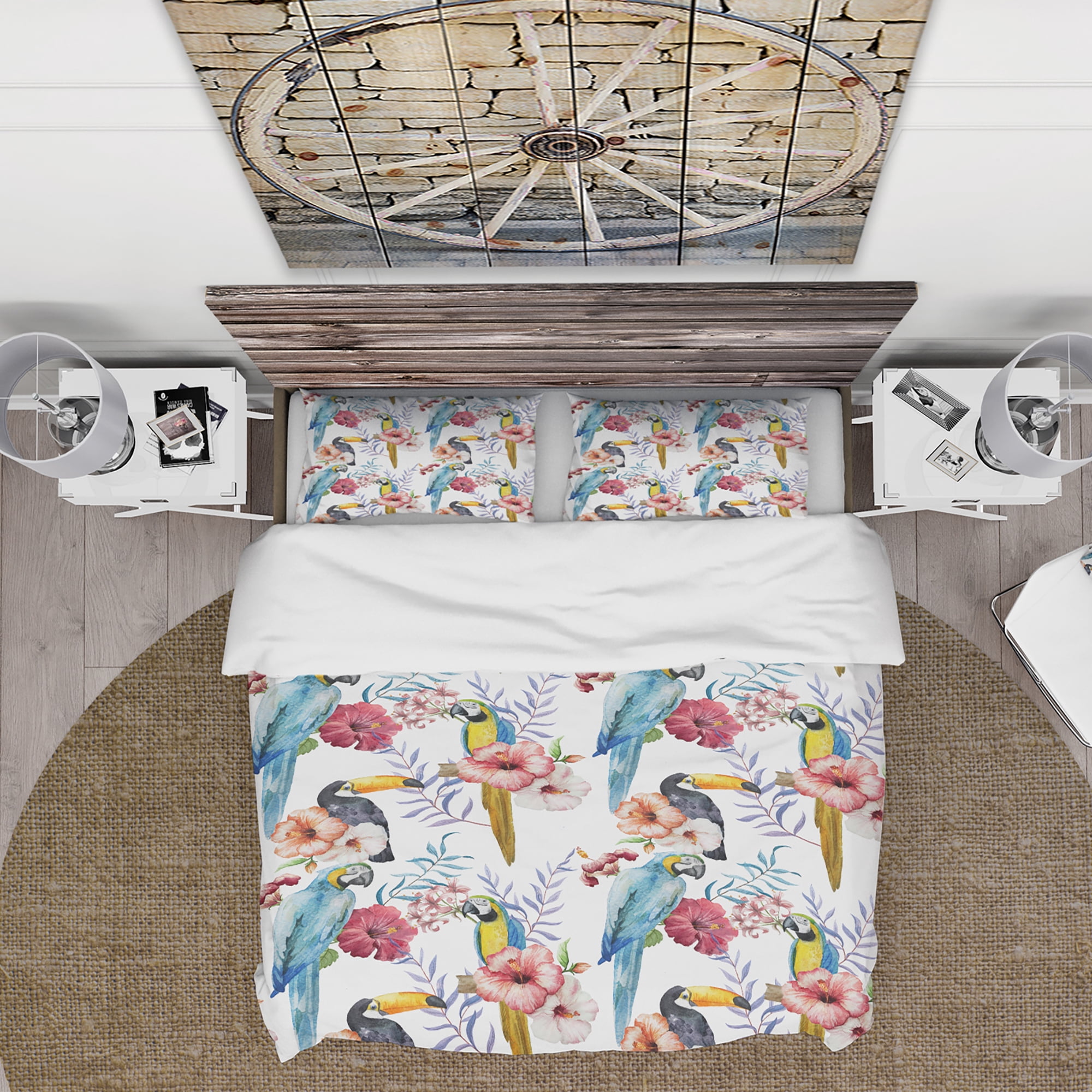 Designart 'Parrots, Hibiscus and Toucan' Animals Duvet Cover Set