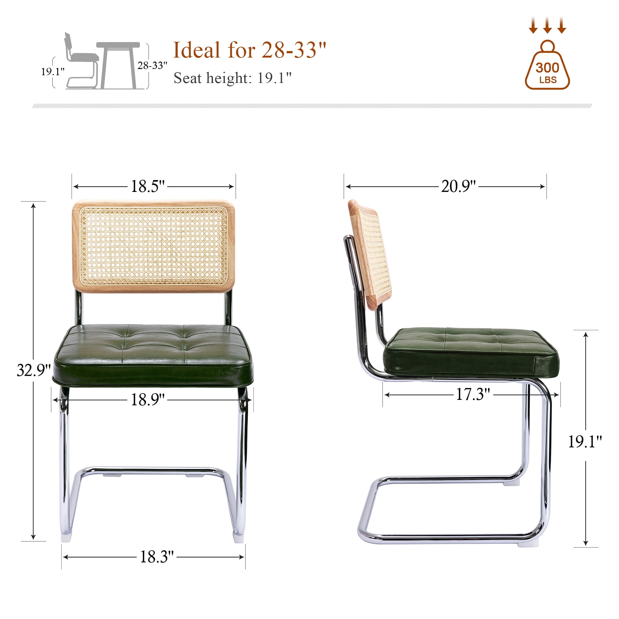 Zesthouse Rattan Dining Chairs Set of 4, Faux Leather Upholstered Side Chairs with Cane Back and Chrome Legs, Mid-Century Modern Dining Living Room Kitchen Chairs, Green